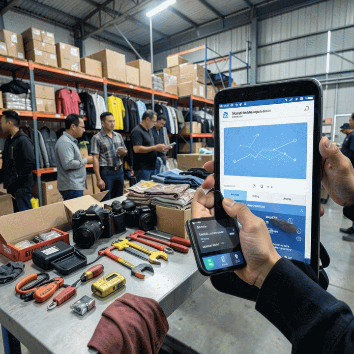Pengelolaan inventaris alat sewaan yang beragam dan presisi menggunakan pemindai atau sistem digital di gudang UMKM.