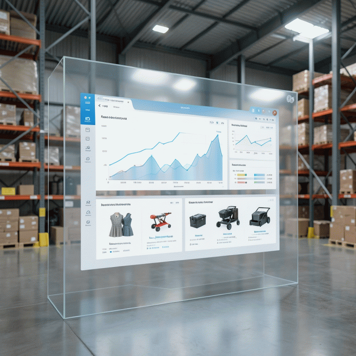 Tampilan visual dashboard AI manajemen inventaris rental yang futuristik dan terorganisasi di lingkungan gudang modern, menunjukkan efisiensi operasional digital.