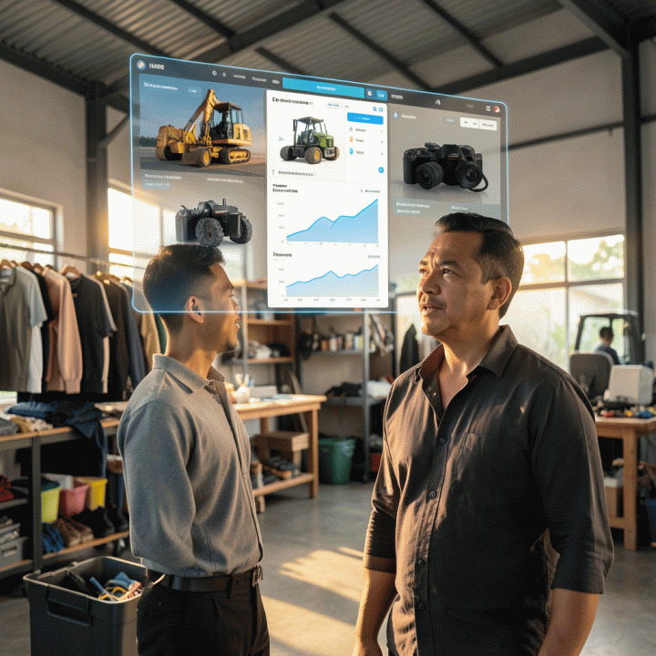 Seorang pemilik bisnis rental di Indonesia berdiri dengan percaya diri, melihat dashboard digital real-time yang menampilkan inventaris dan jadwal booking terintegrasi, melambangkan transformasi digital operasional bisnis rental.