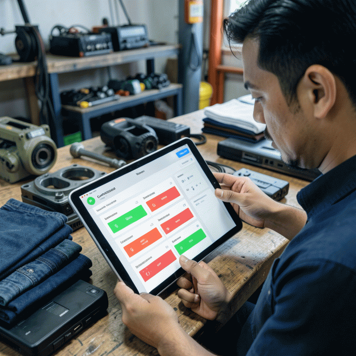 Manajer operasi sedang memeriksa inventaris aset secara real-time menggunakan tablet di area kerja yang terorganisir, menekankan manajemen stok digital.