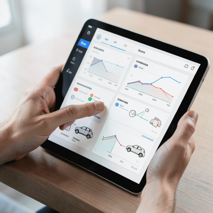 Tangan profesional berinteraksi dengan dashboard manajemen digital di tablet yang menampilkan grafik dan status inventaris rental secara visual tanpa teks terbaca.