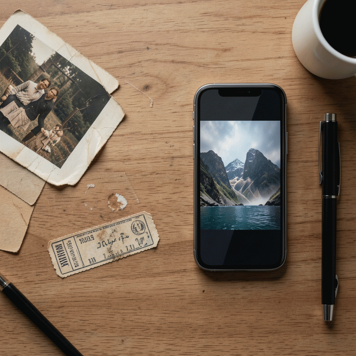 Tampilan meja kerja yang menata kontras antara artefak foto lama (kusam) dan hasil restorasi digital beresolusi tinggi pada smartphone modern.
