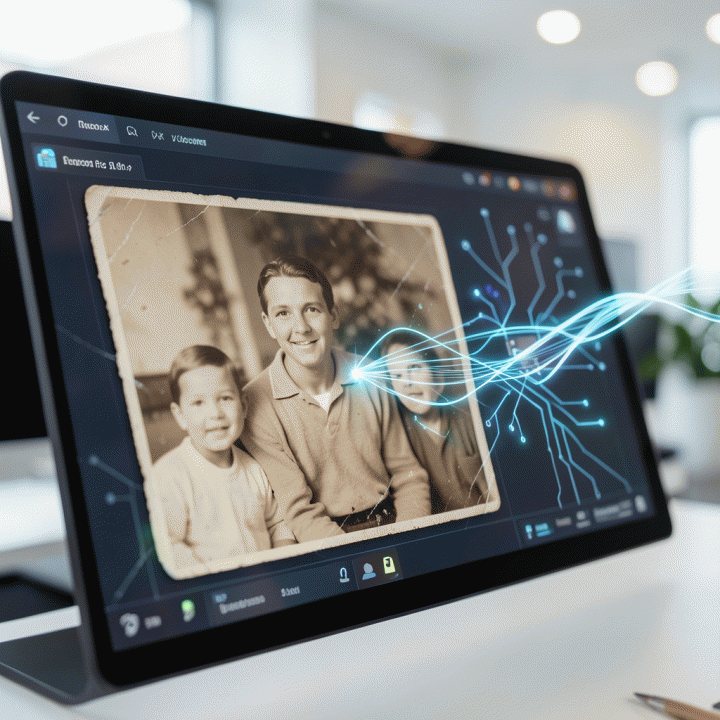 Detail foto keluarga lama yang rusak dan pudar sedang direstorasi secara digital pada layar monitor menggunakan teknologi AI, memperlihatkan proses perbaikan visual secara ajaib.