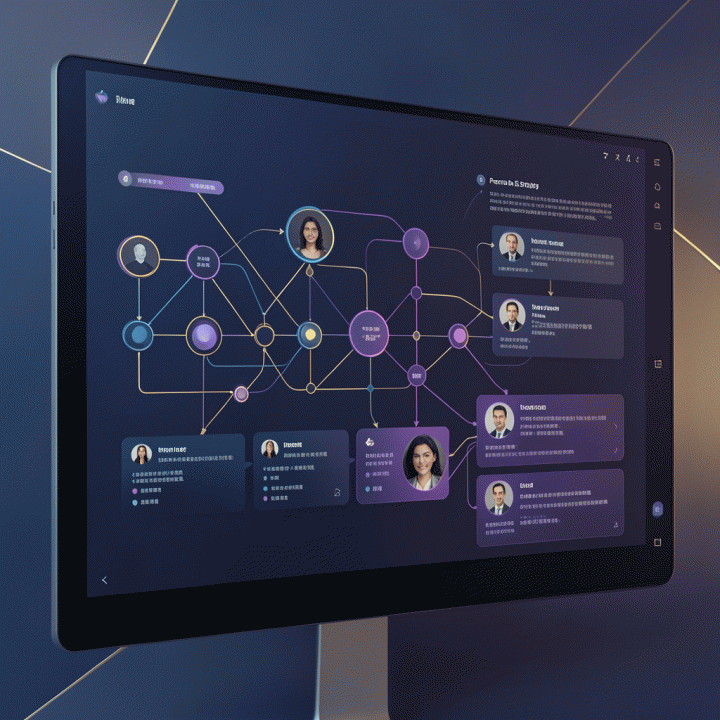 Interface visualisasi alur kerja pengembangan persona terstruktur menggunakan AI, menampilkan jaringan node dan kartu profil persona.