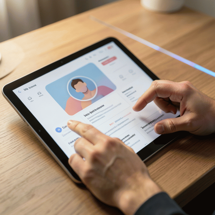 Tangan pengguna berinteraksi dengan antarmuka tablet futuristik yang menampilkan visualisasi profil persona yang terorganisir.