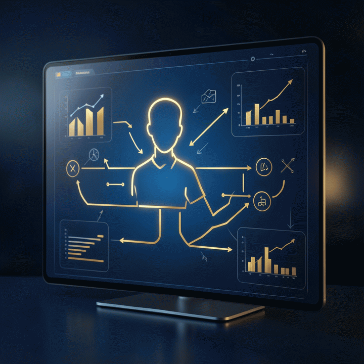 Visualisasi konseptual transformasi persona menjadi strategi bisnis, ditampilkan sebagai peta jalan digital yang saling terhubung.