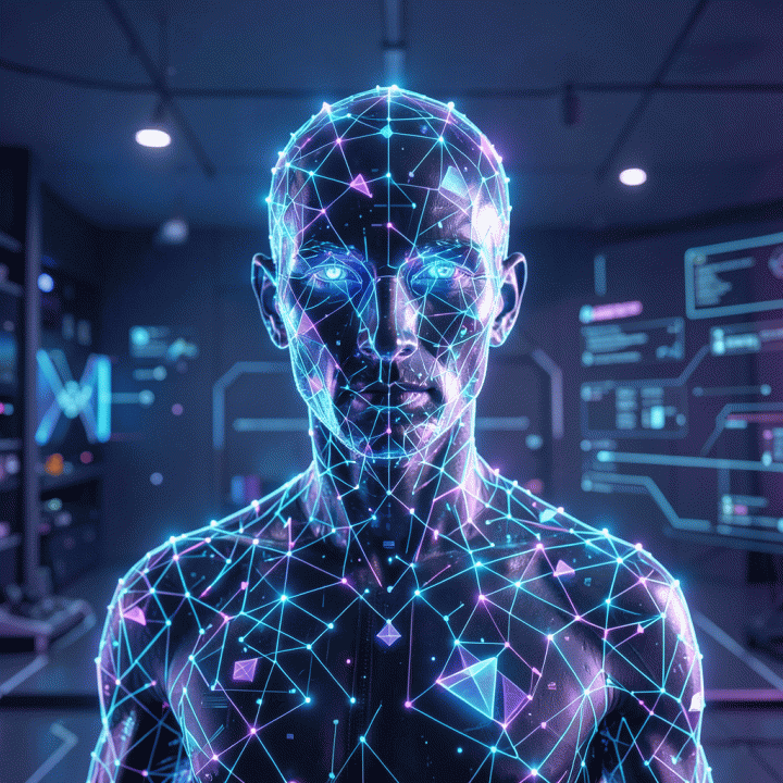 Abstract digital illustration showing a structured human persona being built from glowing geometric nodes, representing AI-powered personal branding.