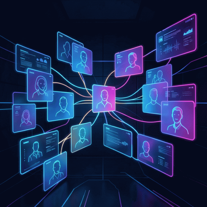 Abstract visualization of multiple saved AI personas connected and organized in a secure digital space.