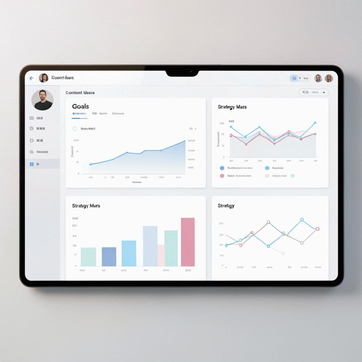 Minimalist dashboard interface showing a structured persona profile with organized sections for goals and content strategy.
