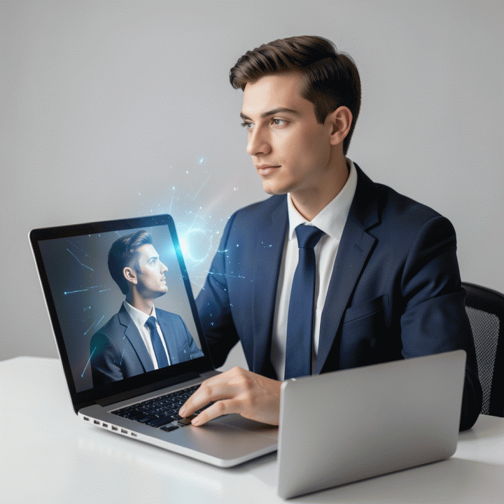Foto profil profesional yang dihasilkan oleh AI di latar belakang studio yang bersih, menunjukkan profesionalisme dan kualitas tinggi.