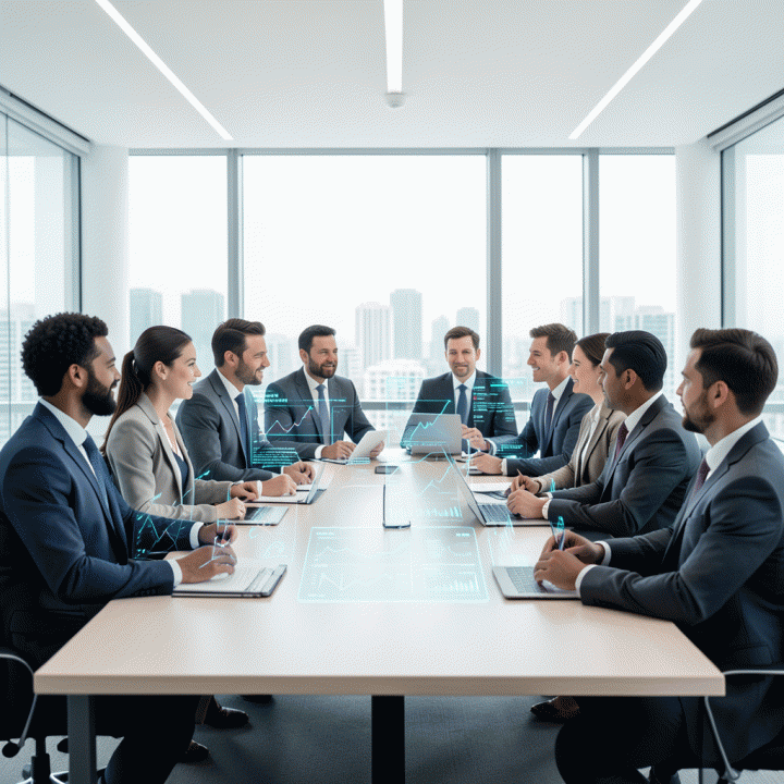 Ilustrasi profesional yang menampilkan para manajer bisnis rental yang berkolaborasi dengan visualisasi data AI holografik untuk optimalisasi harga dan inventaris.
