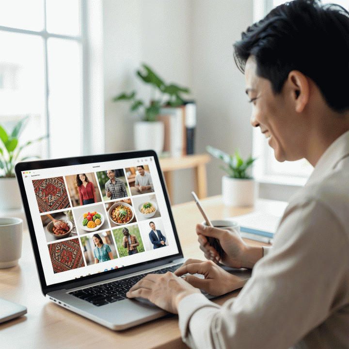 Seorang pemilik UMKM Indonesia menunjukkan foto produk e-commerce berkualitas tinggi di laptop, menyoroti peningkatan resolusi dari foto buram menjadi profesional.