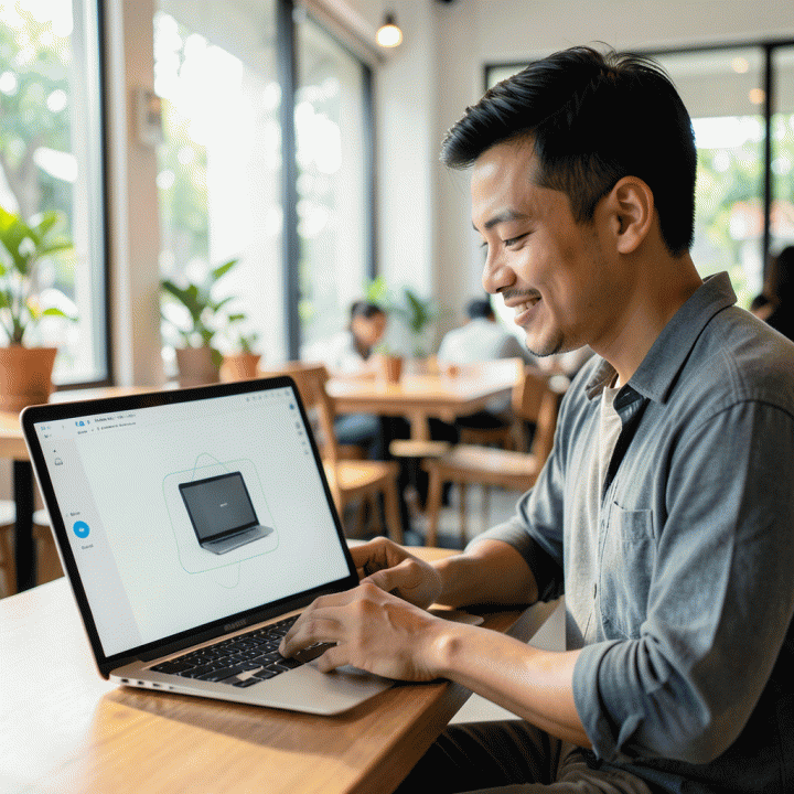Pemasar konten digital menggunakan AI Product Photo Editor di kafe modern, menunjukkan kemudahan mengubah foto resolusi rendah menjadi aset profesional.