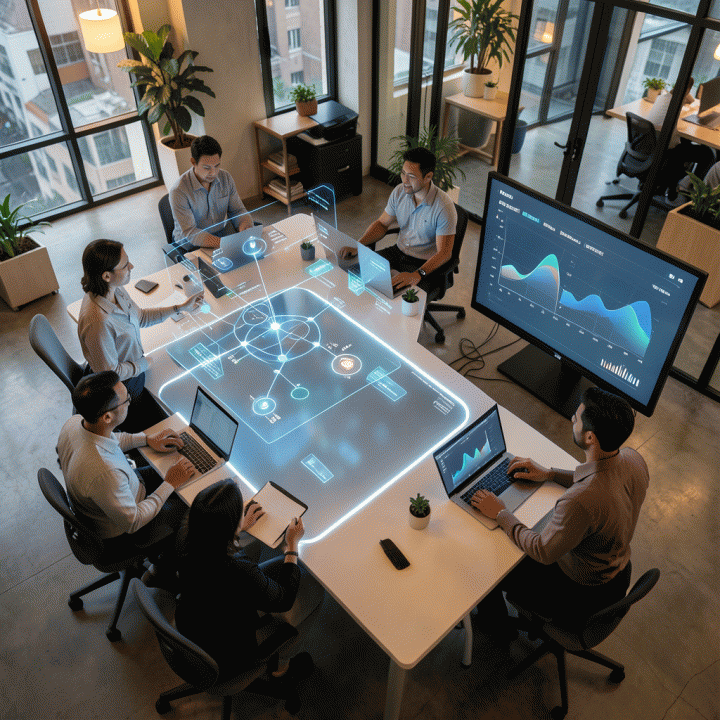 Suasana kerja agensi kreatif modern yang futuristik, menunjukkan kolaborasi strategis menggunakan visualisasi data AI untuk manajemen proyek dan keuangan.