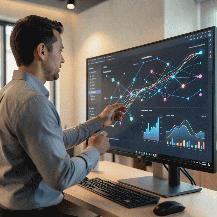 Seorang profesional berinteraksi dengan dashboard AI abstrak yang menampilkan visualisasi data proyek dan keuangan terintegrasi.
