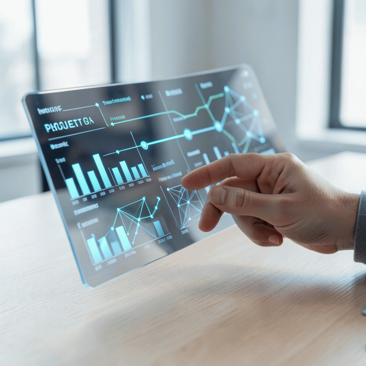 Tangan profesional berinteraksi dengan dasbor holografik AI yang menampilkan visualisasi data proyek dan keuangan yang terintegrasi.