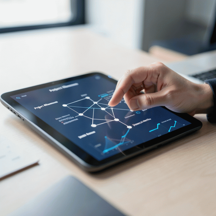 Tangan profesional berinteraksi dengan tablet futuristik yang menampilkan visualisasi data proyek dan keuangan yang terintegrasi.