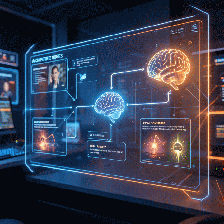 Holographic interface showing AI analysis and remixing of video scripts for viral content creation.