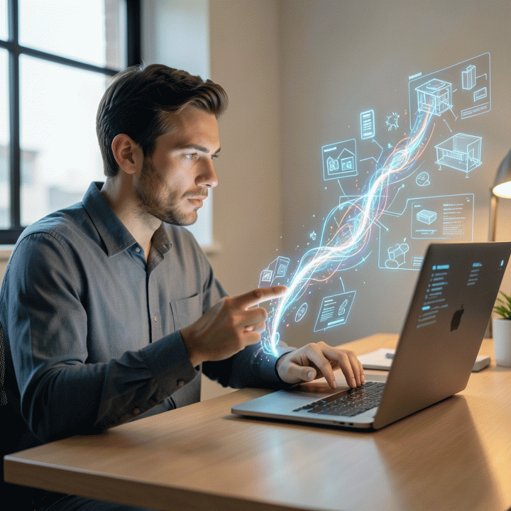 Solopreneur creating digital products using AI, visualizing the journey from idea to tangible digital asset.