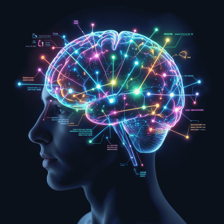Konsep visual pikiran manusia yang ditumpangi oleh node digital bercahaya dan ide konten strategis, melambangkan proses pembuatan strategi konten menggunakan AI.