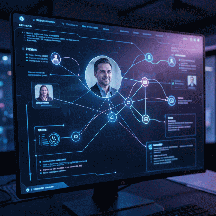 Visualisasi abstrak dan futuristik dari profil persona digital yang terstruktur, menunjukkan perencanaan strategi konten dan branding pribadi dengan pencahayaan sinematik biru dan ungu.