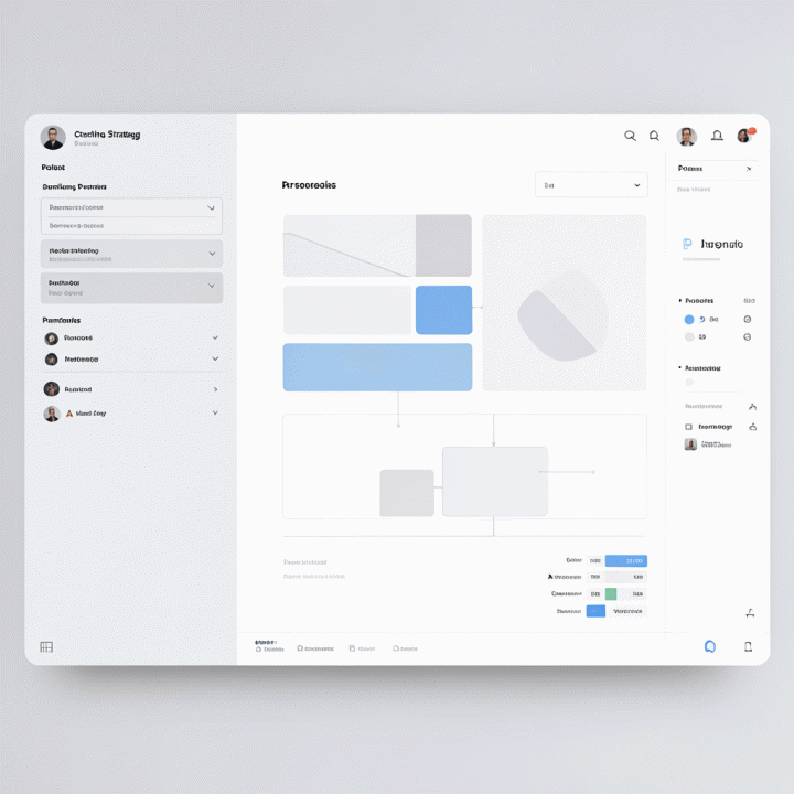 Antarmuka aplikasi AI minimalis yang menampilkan struktur persona dan alat visualisasi data untuk strategi konten, tanpa teks.