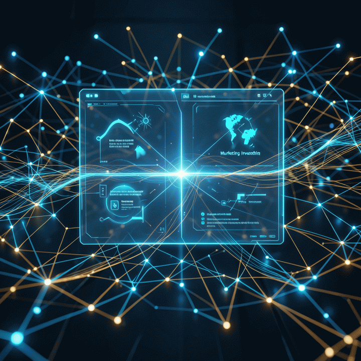 Futuristic visualization of AI-powered business strategy connecting ideas into growth plans.