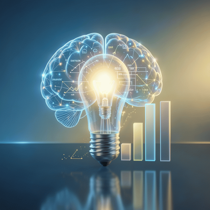 Visualisasi abstrak perjalanan startup bisnis dari ide mentah menjadi strategi terukur menggunakan antarmuka AI.