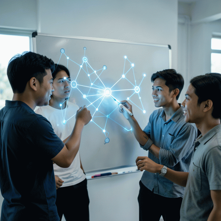 Sesi brainstorming kreatif yang kolaboratif dengan bantuan teknologi AI untuk mengatasi hambatan ide konten.