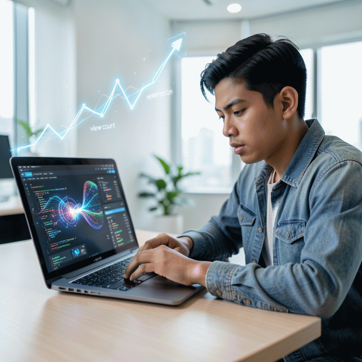 Seorang content creator muda Indonesia yang fokus menggunakan laptop di meja modern, dikelilingi visualisasi data AI abstrak yang menunjukkan peningkatan retensi dan views YouTube Shorts.