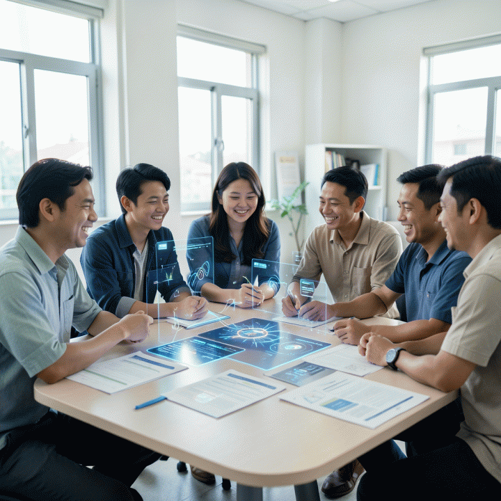 Guru-guru Indonesia yang bekerja secara kolaboratif di kelas modern, dikelilingi oleh visualisasi digital dari rencana pembelajaran dan materi ajar yang dihasilkan oleh AI, menunjukkan efisiensi waktu.