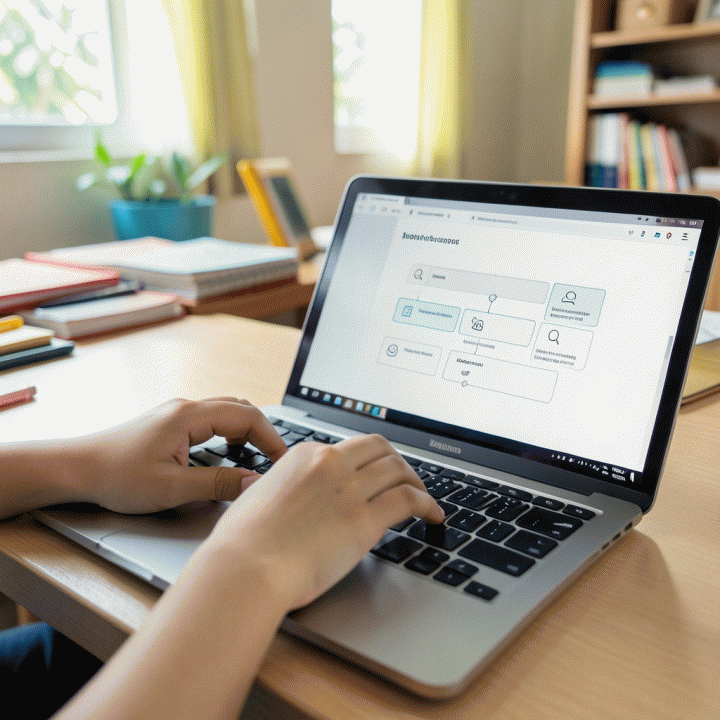 Tangan guru mengetik di laptop, menunjukkan antarmuka AI yang membantu menyusun rencana pembelajaran secara cepat.