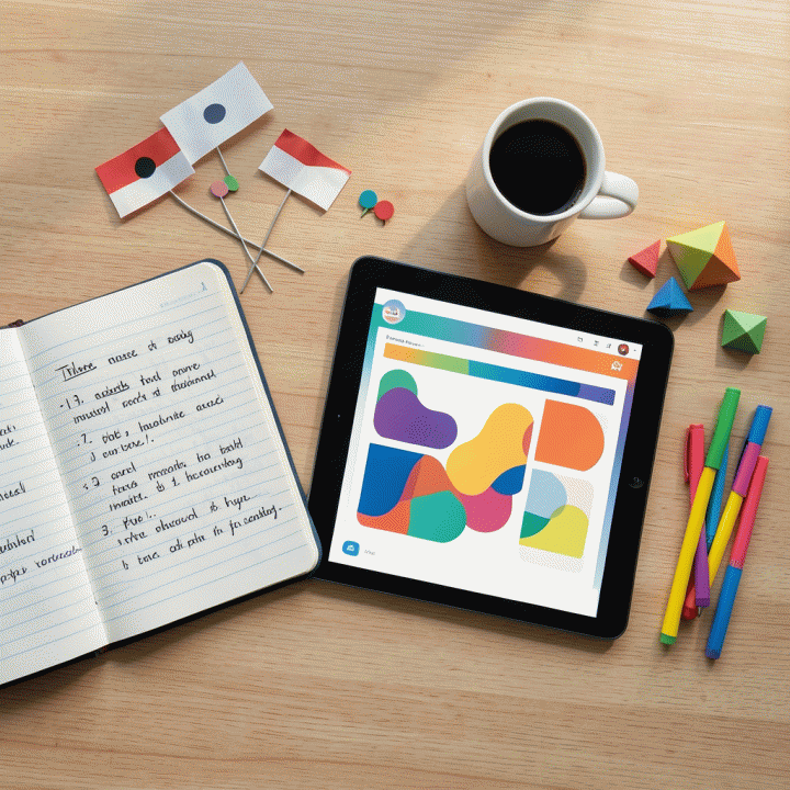 Meja kerja guru yang tertata rapi, menampilkan kombinasi materi ajar fisik dan digital (worksheet/kuis) yang mudah dibuat menggunakan AI.