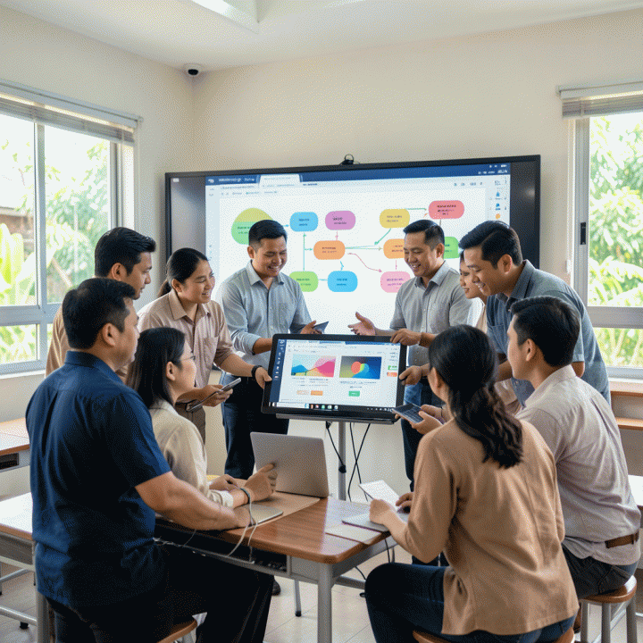 Sekelompok guru Indonesia yang berkolaborasi di depan layar digital interaktif, menunjukkan proses otomatisasi penyusunan rencana pembelajaran menggunakan teknologi AI.