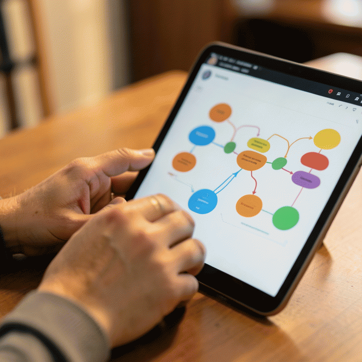 Tangan guru sedang berinteraksi dengan tablet yang menampilkan alur rencana pembelajaran yang terstruktur dan berwarna, menunjukkan efisiensi pembuatan materi ajar.