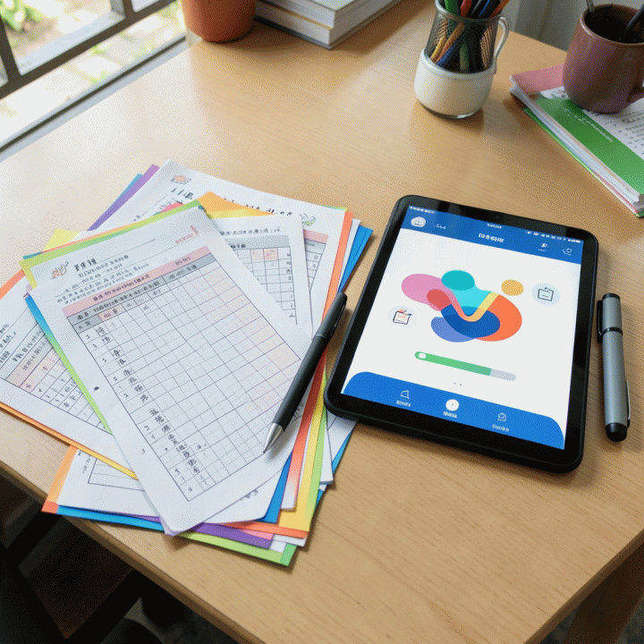 Penataan flat lay materi ajar lengkap (worksheet dan kuis digital) di atas meja, melambangkan paket pembelajaran yang efisien dibuat dengan bantuan AI.
