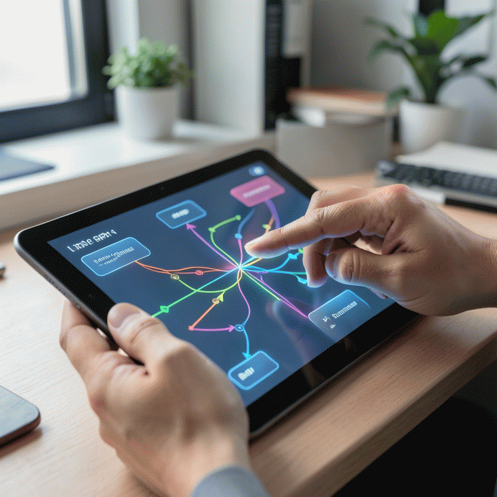 Tangan guru berinteraksi dengan tablet futuristik yang menampilkan alur rencana pembelajaran yang terstruktur dan berwarna-warni.