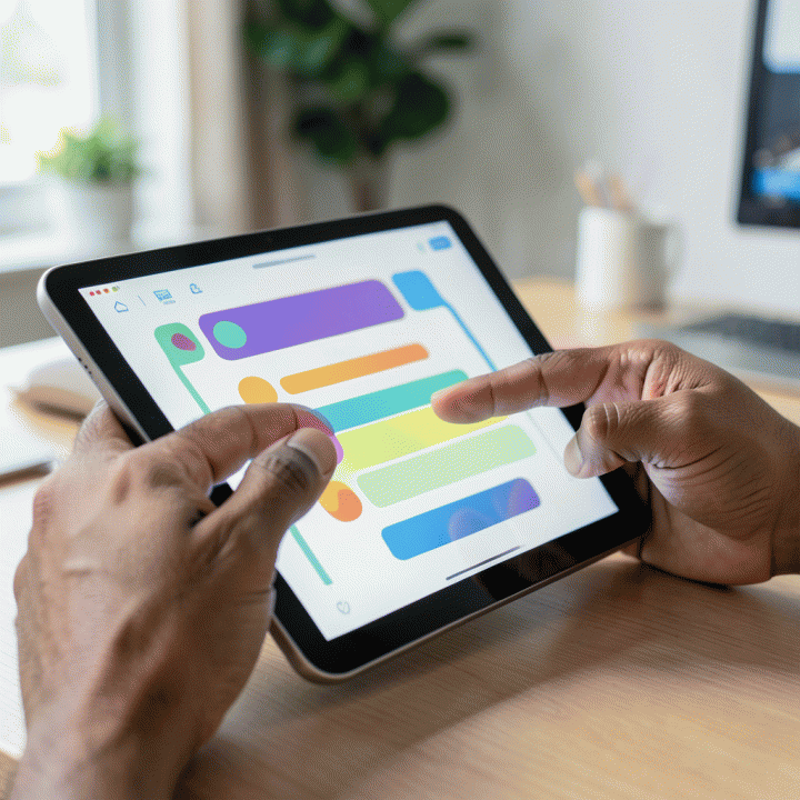 Tangan guru berinteraksi dengan tablet AI yang menampilkan desain worksheet atau materi ajar yang menarik dan terstruktur.