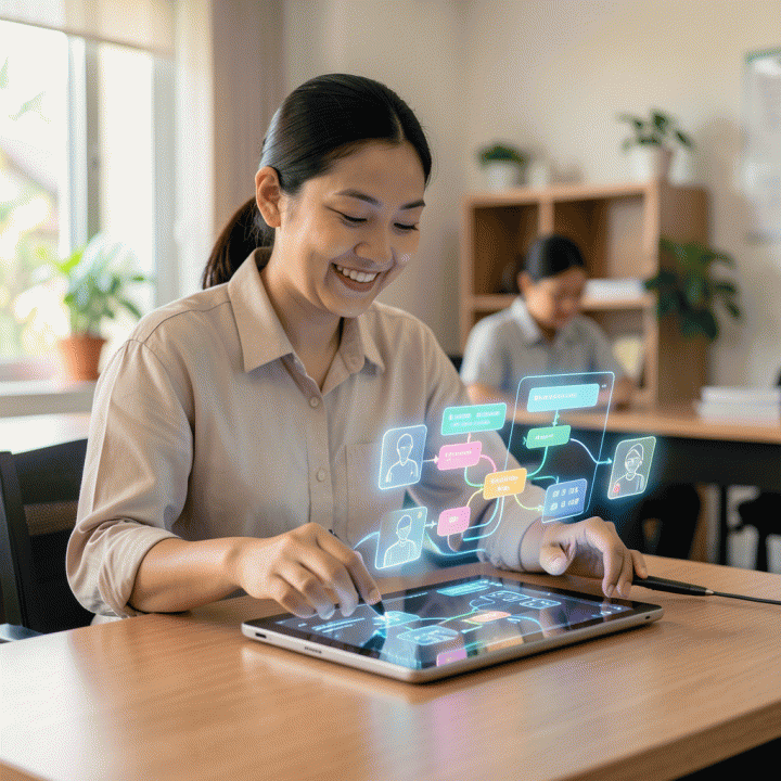 Seorang guru Indonesia yang tersenyum menggunakan alat AI futuristik di meja kerjanya, menampilkan alur lesson plan interaktif dan materi pembelajaran yang terstruktur.
