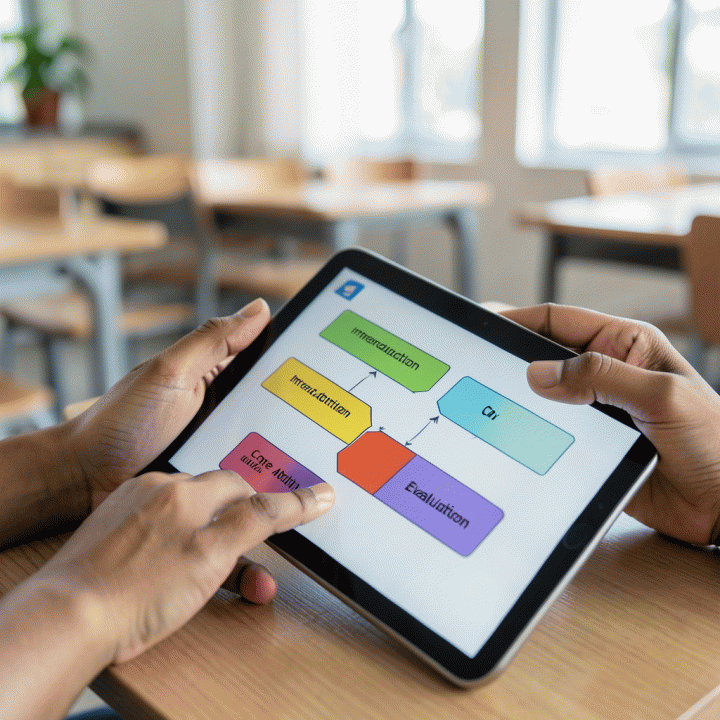 Tangan guru berinteraksi dengan tablet yang menampilkan alur rencana pembelajaran yang terstruktur dan visual.