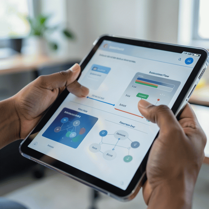 Tangan seorang guru berinteraksi dengan tablet futuristik yang menampilkan berbagai output materi ajar, seperti alur pelajaran, kuis interaktif, dan peta konsep.