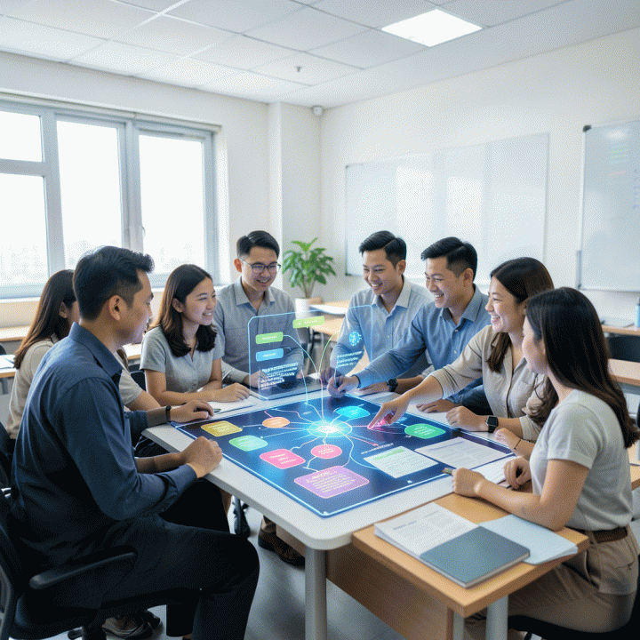 Sekelompok guru Indonesia berkolaborasi di ruang kelas modern, menggunakan tampilan holografik futuristik yang menampilkan alur rencana pembelajaran (lesson plan) yang dibuat dengan bantuan AI.