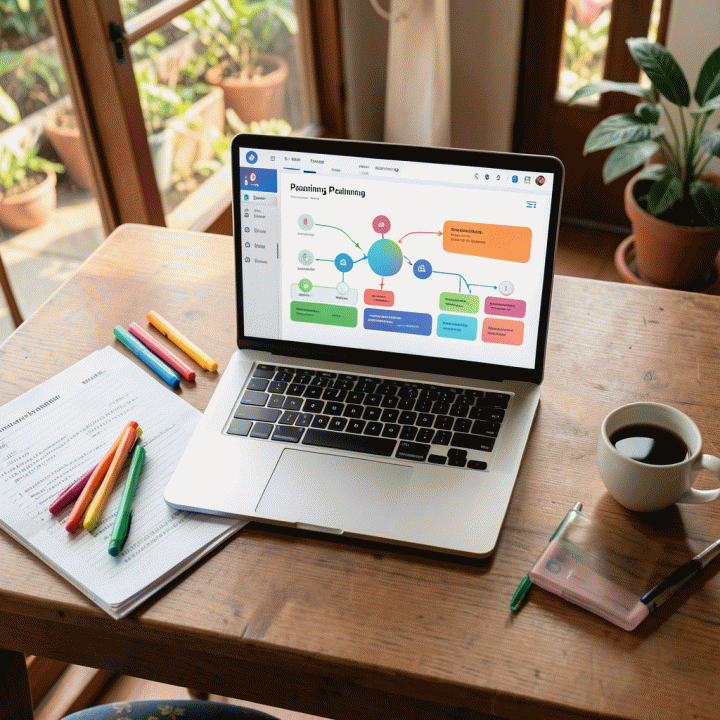 Tampilan meja guru yang rapi dengan laptop menampilkan dashboard perencanaan pelajaran AI yang abstrak, di sampingnya terdapat alat tulis dan materi ajar fisik.