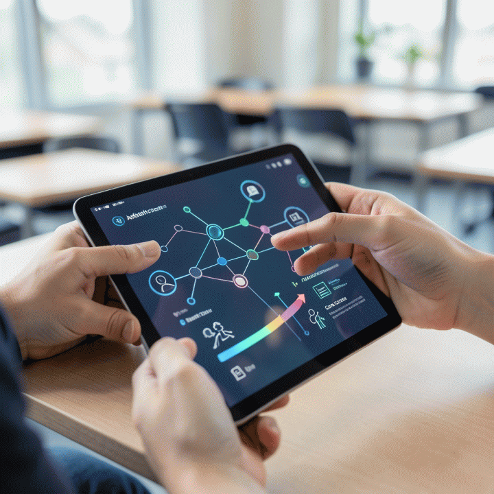 Tangan seorang guru berinteraksi dengan tablet digital yang menampilkan alur materi ajar yang terstruktur dan interaktif.