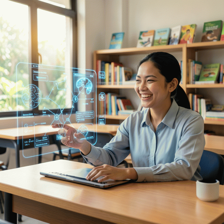 Guru Indonesia menggunakan teknologi AI futuristik di ruang kelas modern untuk membuat rencana pembelajaran yang efisien dan interaktif.