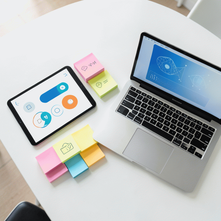 Berbagai alat belajar (tablet, laptop, sticky notes) yang berpadu antara fisik dan digital, menunjukkan pembuatan paket pembelajaran lengkap dan interaktif.
