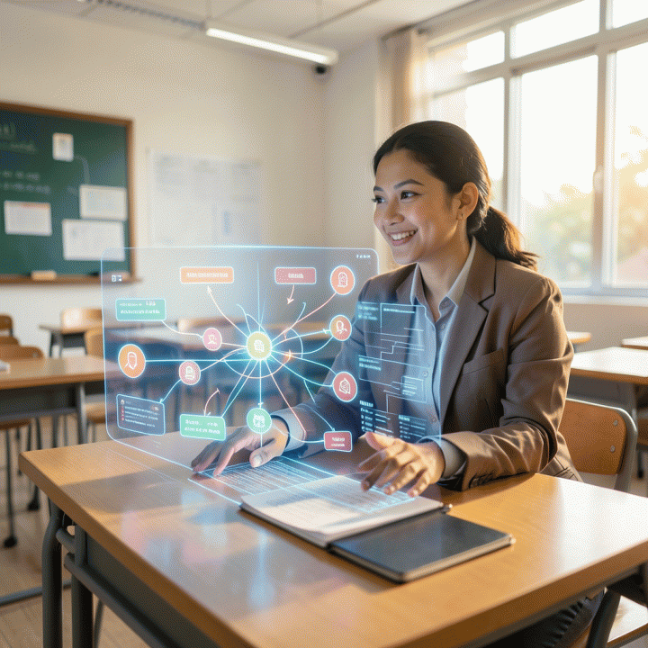 Seorang guru Indonesia modern yang tampak efisien menggunakan antarmuka holografik AI untuk menyusun rencana pembelajaran dan materi ajar di kelas yang cerah.