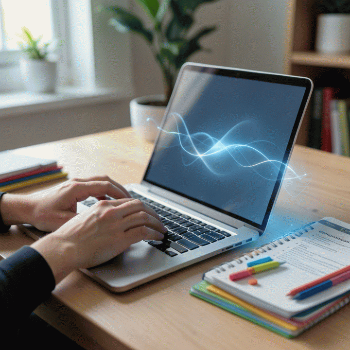 Tangan seorang guru yang menggunakan laptop modern, menunjukkan proses penyusunan materi ajar yang dibantu teknologi AI.