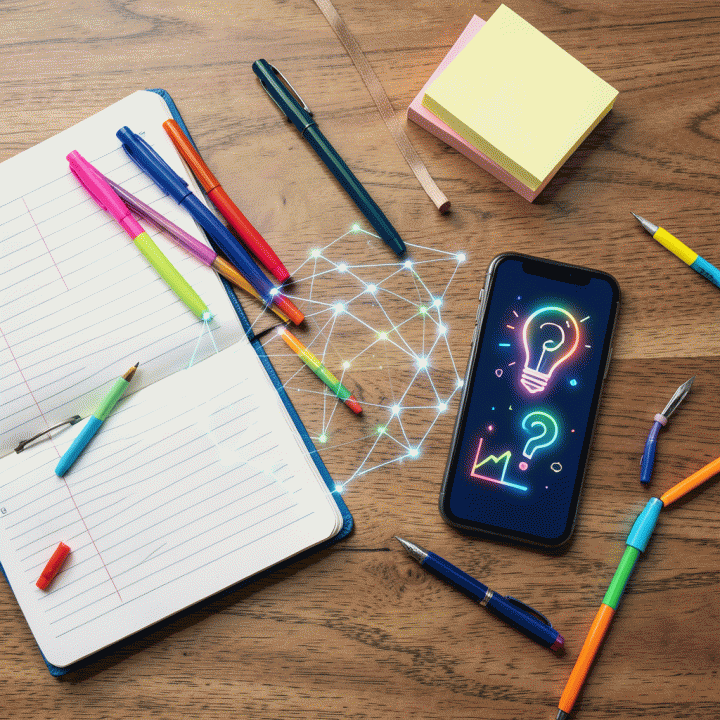 Komposisi flat lay materi ajar dan alat pendidikan yang terhubung oleh pola jaringan AI, melambangkan efisiensi pengembangan kurikulum.