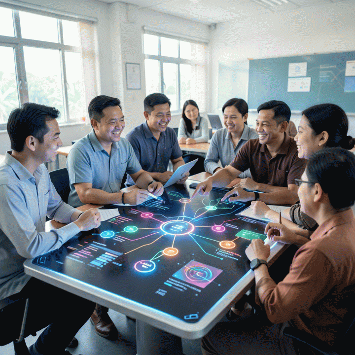 Sekelompok guru Indonesia yang berkolaborasi di ruang kelas modern, dikelilingi oleh visualisasi data pembelajaran digital yang abstrak dan bercahaya, menunjukkan efisiensi dan kemudahan dalam merancang materi ajar menggunakan AI.